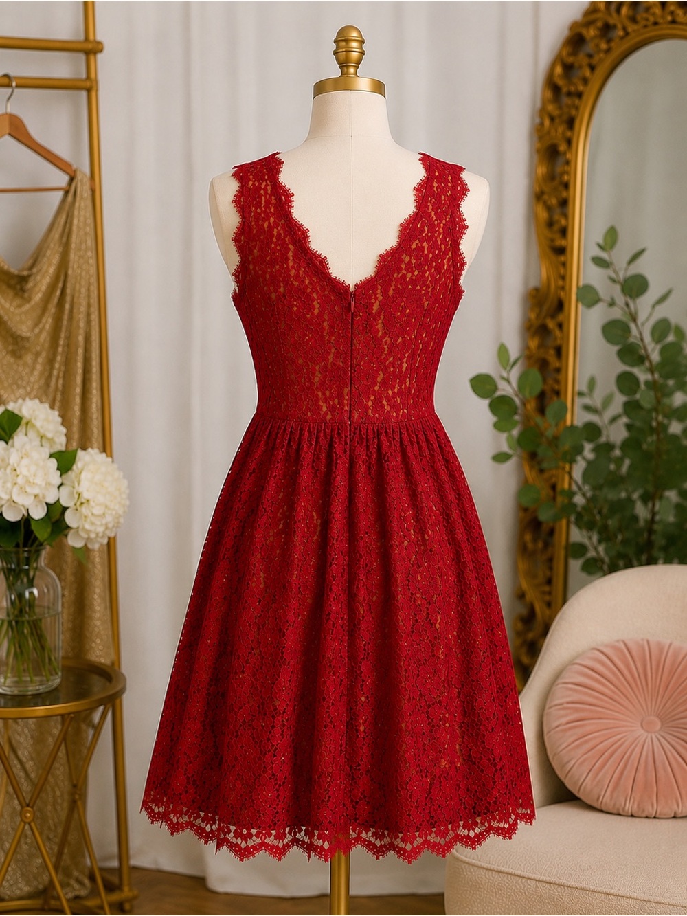 Greylyn Red Lace Fit & Flare Dress Gold Lining Romantic Cocktail Medium - Picture 3 of 10